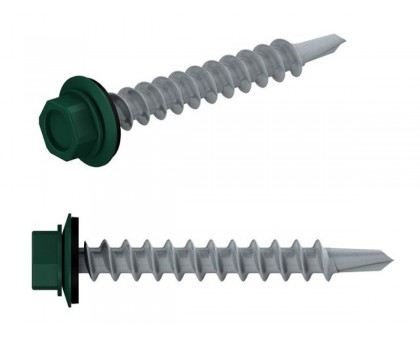 Саморез кровельный 5.5х25 мм цинк, шайба с прокл., PT3, RAL 6005 (4500 шт в коробе) STARFIX (по металлу, цвет темно-зеленый)
